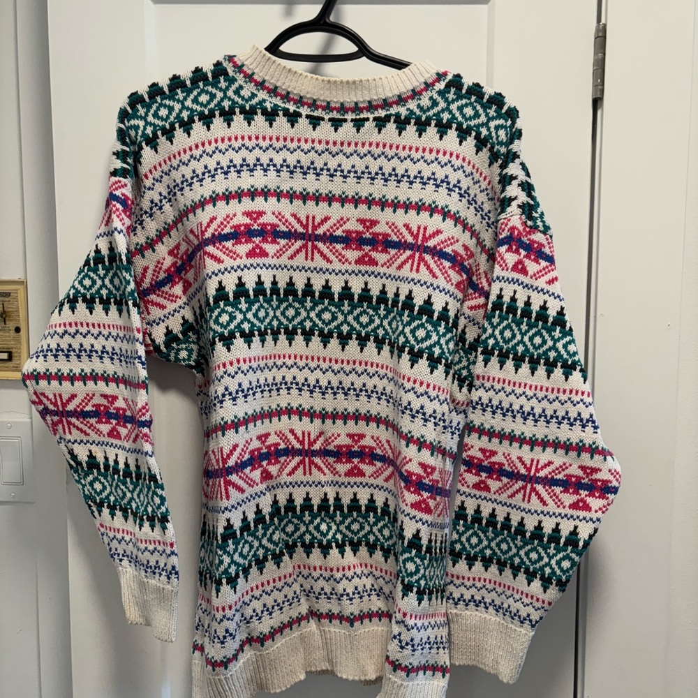 Vintage Fairisle Sweater in Cream, Green, and Pink